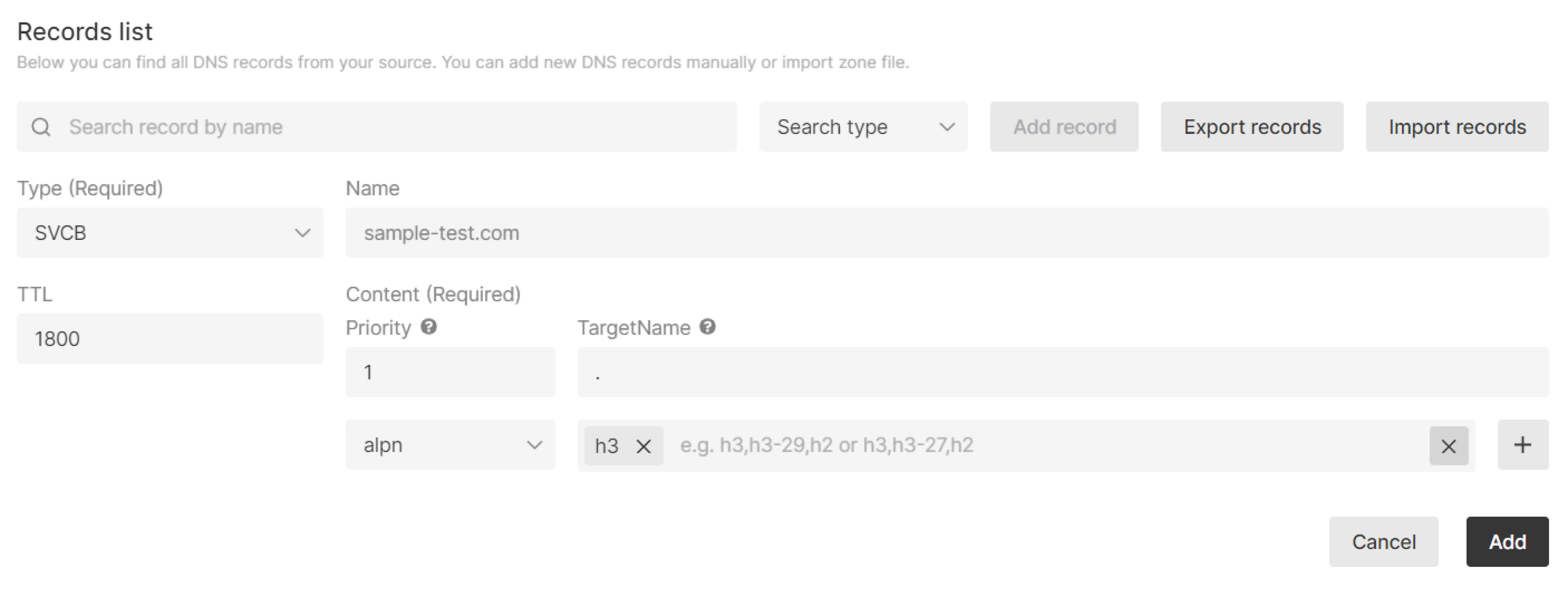 Example of adding an SVCB record